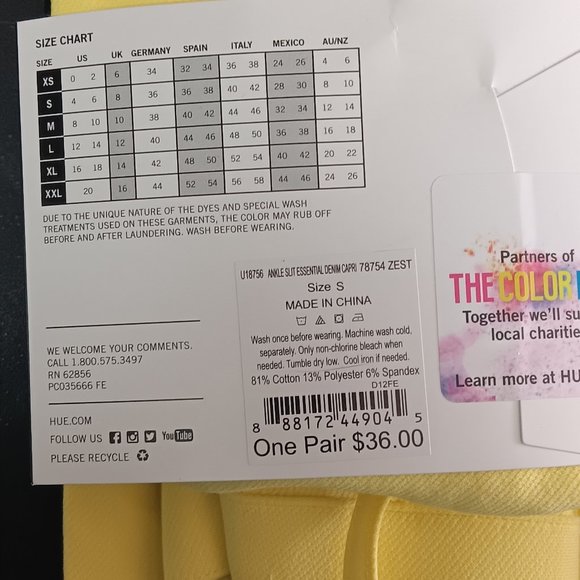 HUE Zest Yellow Essential Denim Capri Leggings Sz Small U18756 Ankle Slit - Picture 2 of 4